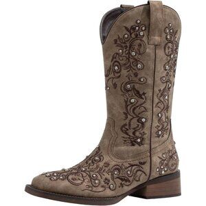 Brown Women's Cowboy Boots Square Toe Rhinestone Mid Calf Floral Western